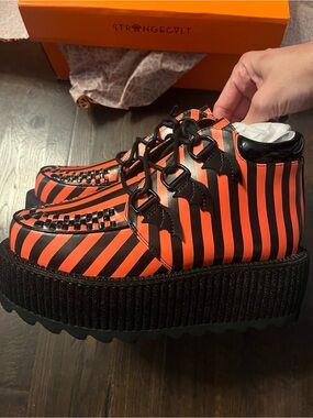 Strange Cvlt Orange & Black Striped Super Kreep Platform Creepers-size 8